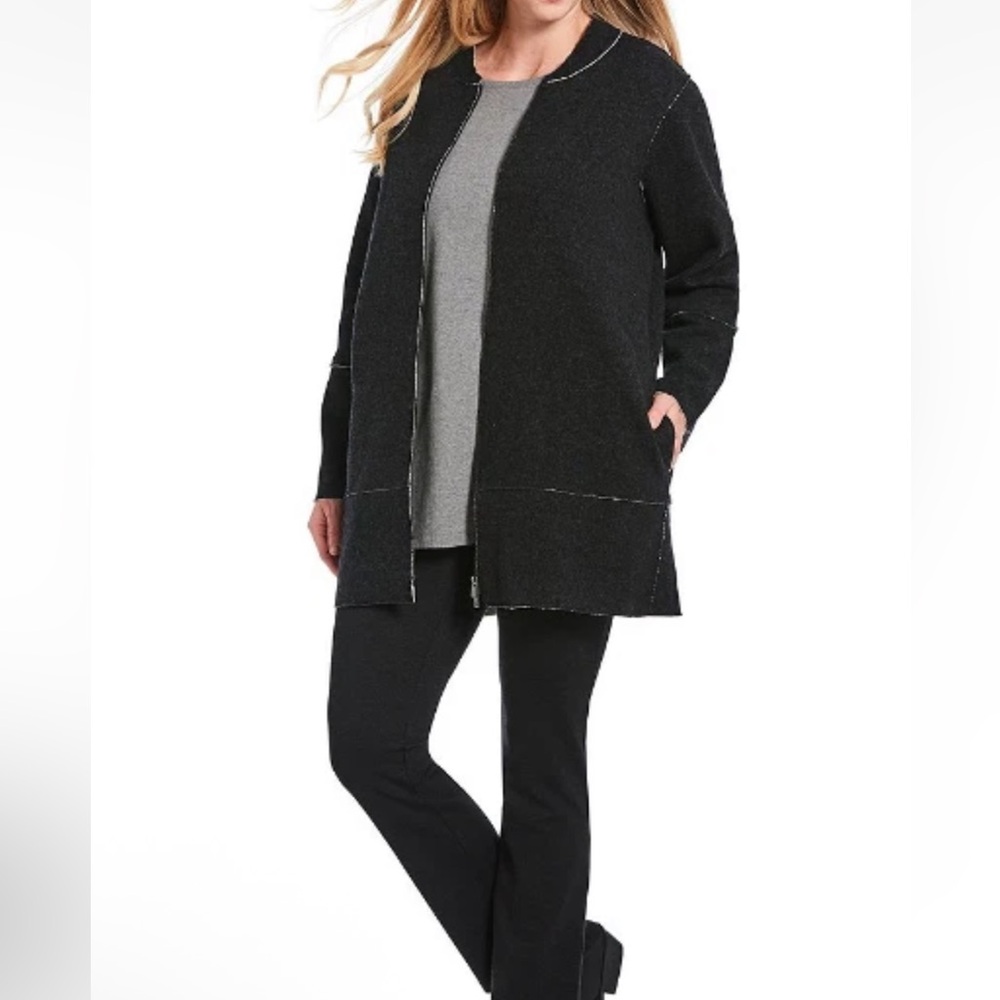 Eileen Fisher Blackwash Stand Collar Gray Knit Full Zipper Sweater